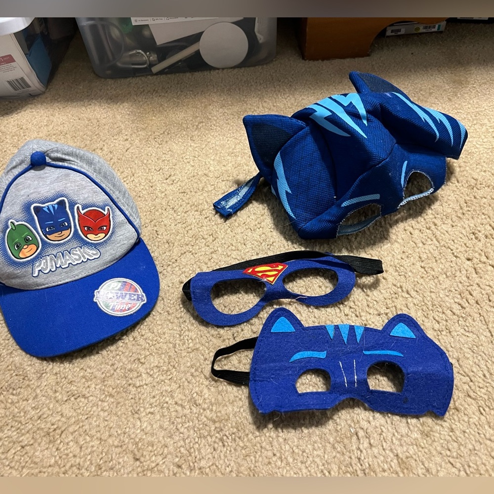 Pj Masks lot- baseball cap, felt mask, catboy hood and Superman felt domino mask